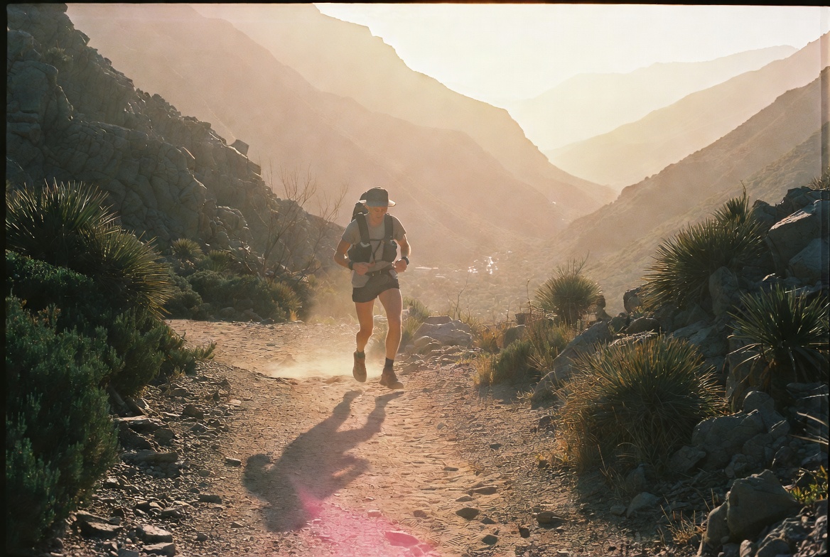 Runner wearing a cap on a mountain trail